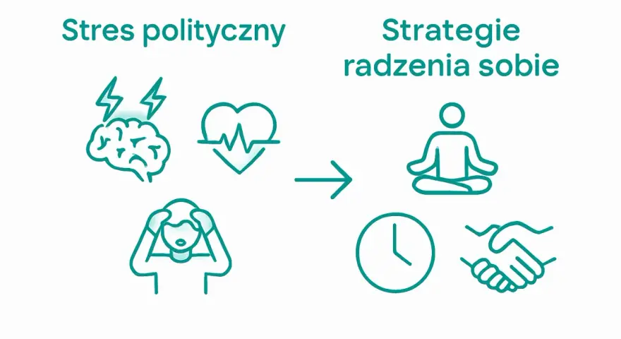 Stres polityczny objawy: ból głowy, problemy z sercem. Strategie radzenia sobie: medytacja, zegar, uścisk dłoni.