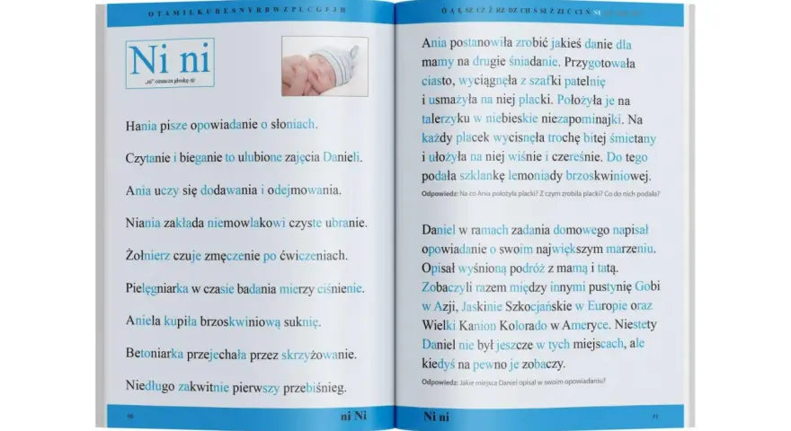 Książka z czytankami dla 6 latka. Na lewej stronie obrazek niemowlaka i krótkie zdania. Na prawej opowiadanie Ani o plackach i marzeniach Daniela.