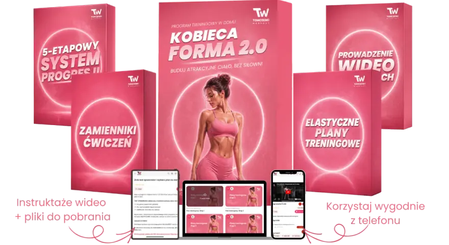 Zestaw materiałów do treningu w domu: "Kobieca Forma 2.0", plany treningowe, zamienniki ćwiczeń, instruktaże wideo. Jak zadbać o siebie, by osiągnąć wymarzoną sylwetkę.