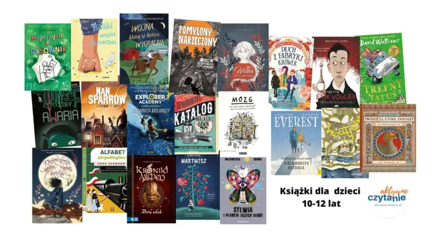 Książki dla dzieci 10-12 lat: "Moje życie jako rysownik", "Sasiki", "Wojna, którą w końcu wygrałam", "Pomylony narzeczony", "Wilka", "Duch z fabryki krówek", "Detektyw Erik Vogler", "Trefny tatuś", "Awarja", "Nan Sparrow", "Explorer Academy", "Katalog"...