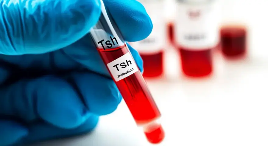 Ręka w niebieskiej rękawiczce trzyma probówkę z krwią oznaczoną "Tsh". W tle inne probówki. Badanie TSH pomaga diagnozować niedoczynność tarczycy.