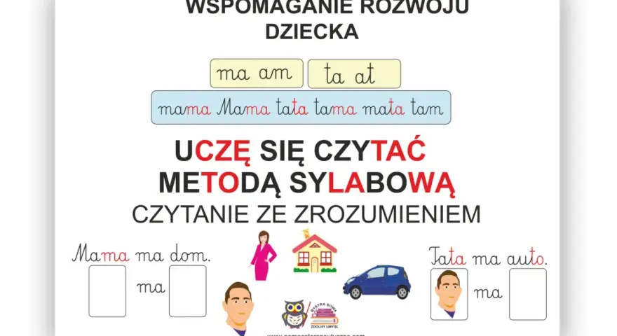 Pomoc w nauce czytania metodą sylabową. Dziecko uczy się czytać ze zrozumieniem, ćwicząc sylaby i proste zdania.