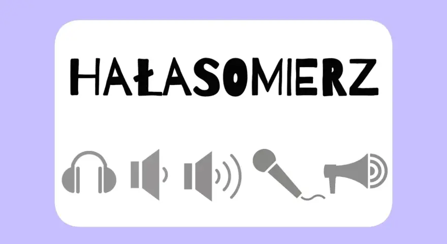 Grafika z napisem "HAŁASOMIERZ" i ikonami: słuchawki, głośniki, mikrofon, megafon. Idealne do zabaw wyciszających w przedszkolu.
