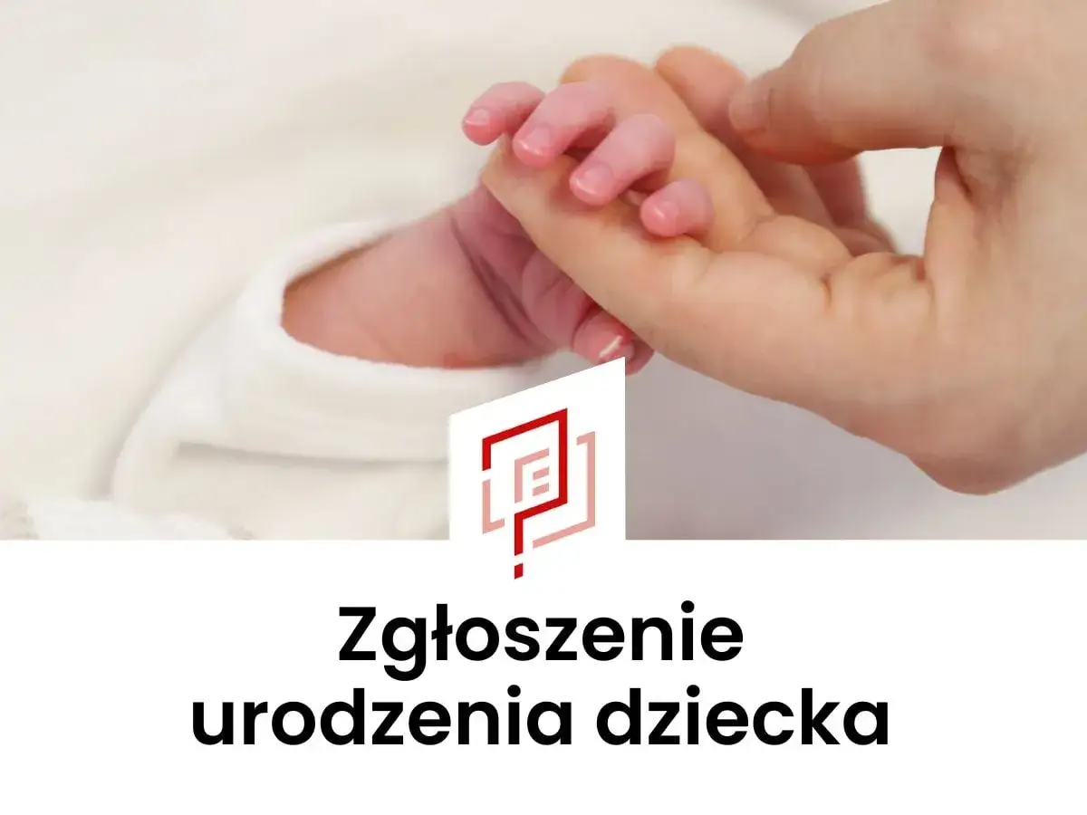 Delikatna dłoń rodzica trzyma maleńką rączkę noworodka. Obok logo i napis