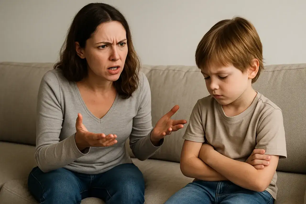 Zagniewana mama rozmawia z synkiem, który ma 6 lat i nie radzi sobie z emocjami. Chłopiec z założonymi rękami patrzy w dół.