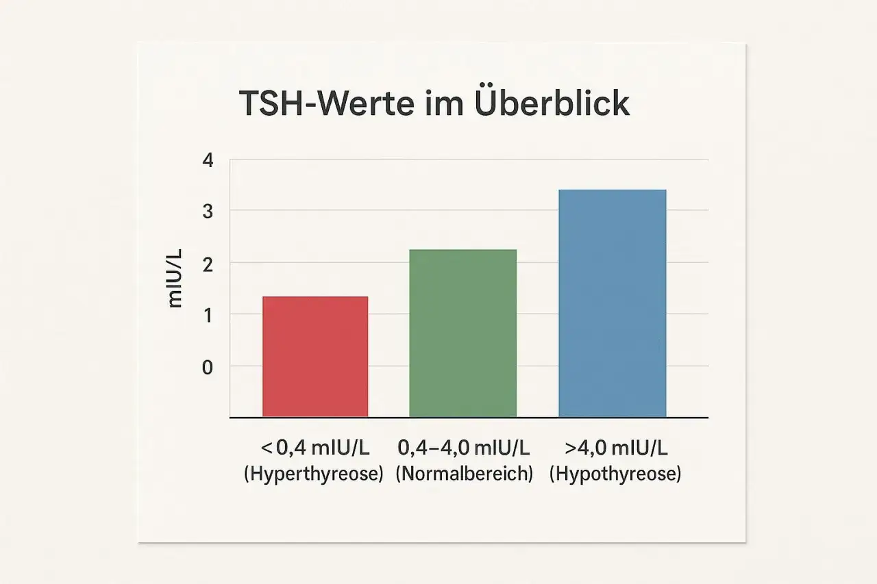 Wykres TSH: bardzo niskie TSH 0,05 mIU/L (hipertyreoza) jest poniżej normy 0,4 mIU/L.