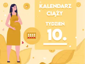 Kobieta w żółtej sukience, w 10 tygodniu ciąży. Kalendarz ciąży, tydzień 10.