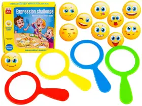 Zestaw do nauki rozpoznawania emocji dla dzieci. Kolorowe emotki i lupki zachęcają do zabawy i rozwijania umiejętności społecznych.