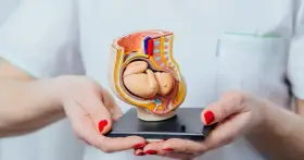 Model płodu w macicy, pokazujący, kiedy dziecko kopie. Dłonie z czerwonymi paznokciami trzymają anatomiczny model.
